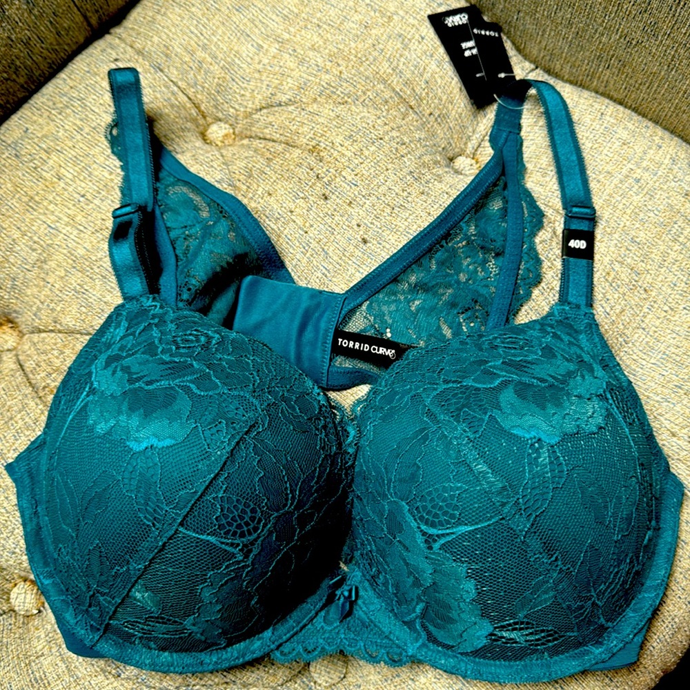 NWT Torrid sz 40D beautiful push up plunge bra with lace wing back detail